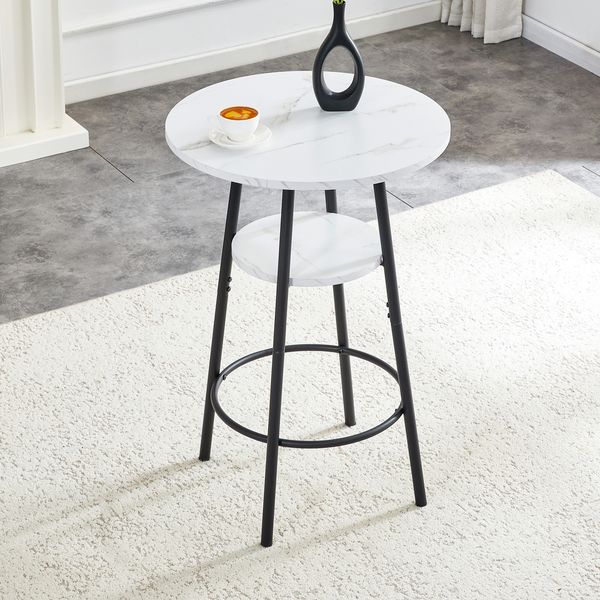 Bartisch 60 x 60 x H 89 cm mit Ablage, MDF in weißer Marmoroptik und schwarzem Metallgestell