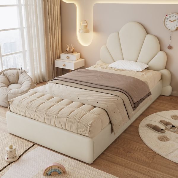 Novelux Polsterbett 90x200 Einzelbett mit Blütenkopfteil und Lattenrost – Samt Beige, Bettgestell ohne Matratze, 205 x 137,5 x 103 cm, 150 kg