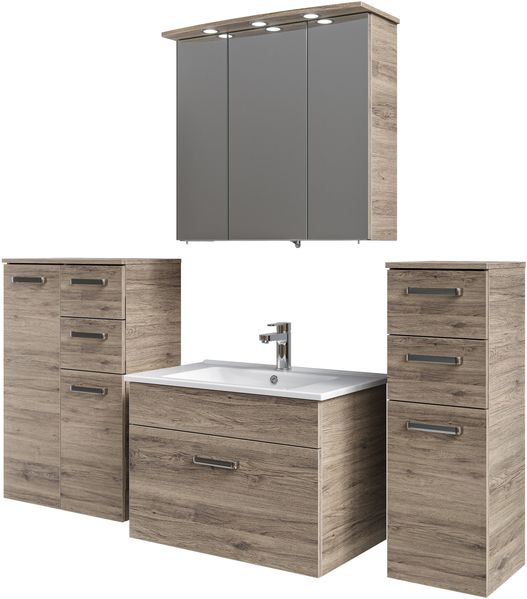 Pelipal Badmöbel-Set Quickset 313, Sanremo Eiche - Waschtischunterschrank, Keramikwaschtisch, Unterschrank, Spiegelschrank, Unterschrank
