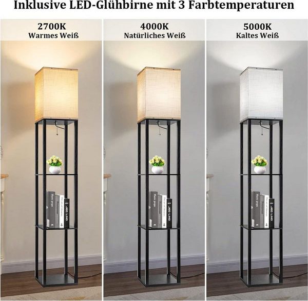 Rosnek LED Stehlampe LED Stehlampe mit Regal 3 Lichtfarben moderne Ecklampe, LED wechselbar, Standlampe mit Ablagen für Wohnzimmer Schlafzimmer