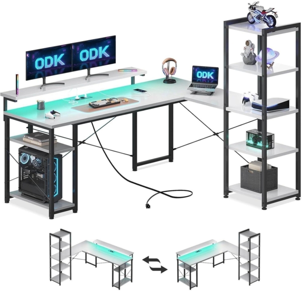 ODK Eckschreibtisch L-Form mit Regal und Monitorständer Weiß 140×137cm