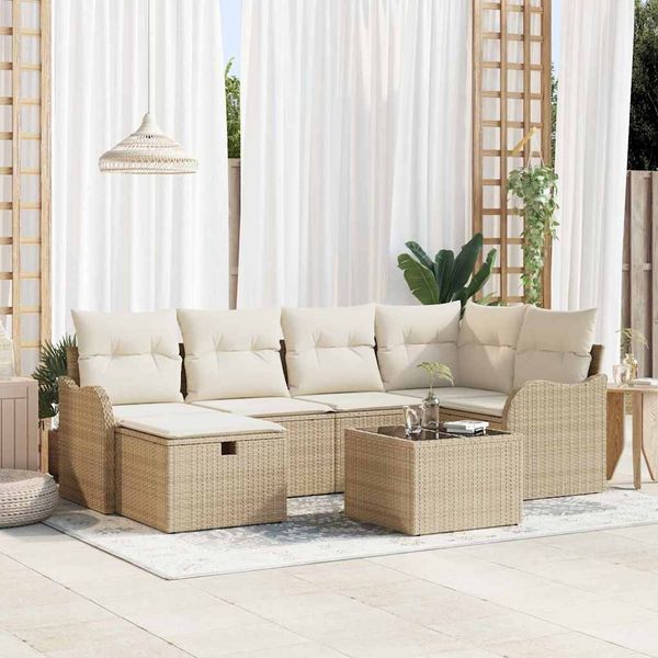 vidaXL Garten-Sofa-Set mit Kissen mit Speicher 7 pcs Beige Poly Rattan 3360322