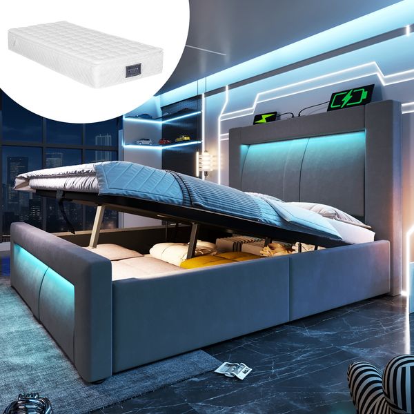 Polsterbett 90×200 cm mit Bettkasten, LED, USB & Type-C, geschwungenes Kopfteil, Grau, mit Matratze