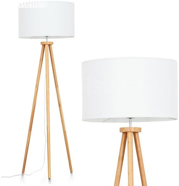 hofstein Stehlampe Stehlampe aus Holz/Stoff in Naturfarben/Weiß, ohne Leuchtmittel, skandinavische Design Leuchte, Schirm (50 cm) u. Fußschalter, 1 xE27