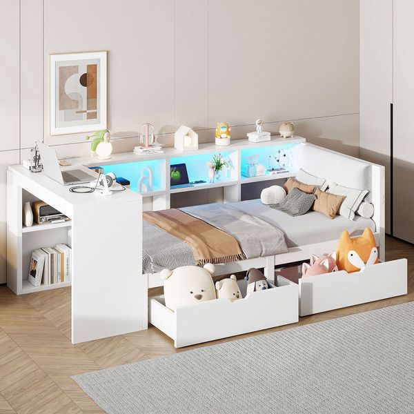 Plattformbett 90×200 cm mit Schubladen, LED, USB-Ladestation und Polsterkopfteil, Weiß