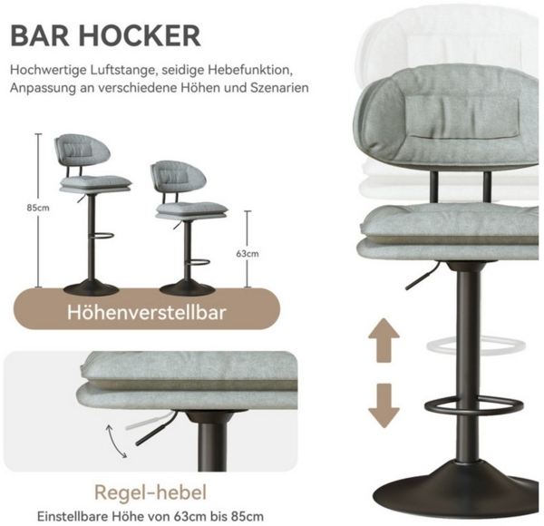 HawthyHome Barhocker 2er Set, Ergonomische Gepolsterte Barstühle mit Rückenlehne (2 St), Höhenverstellbare Doppellagige Barhocker Bild 3