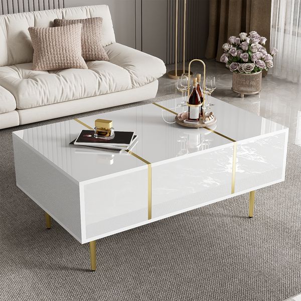 Couchtisch 100 x 60 x 41,5 cm in Weiß Hochglanz, MDF mit 2 Schubladen und goldfarbenen Details