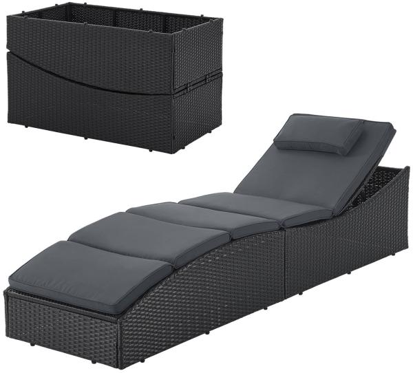 Juskys Sonnenliege Lamia klappbar - Polyrattan Gartenliege mit Auflage, Kopfteil verstellbar, 160 kg belastbar - Garten Balkon Outdoor Liege Schwarz