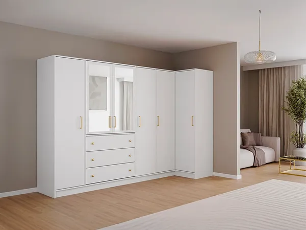 Vente-unique - LIZANDRO Wardrobe and walk-in wardrobe Holz, Platte Weiß - B 106,5 cm x H 200 cm x L 311 cm