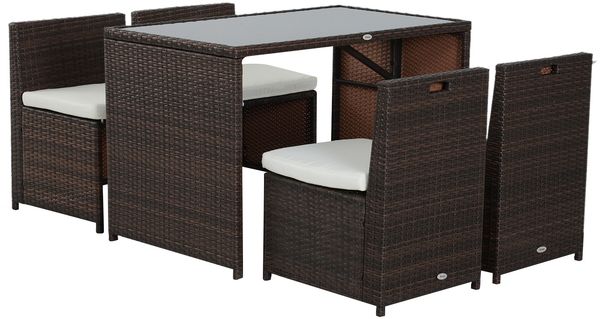 5-teiliges Polyrattan Gartenmöbel-Set, wetterfest Balkonmöbel für 4 Personen Terrassenmöbel mit Tisch 4 Stühle Kissen, Lounge-Set Essgruppe Sitzgruppe für Balkon, Garten, Braun+Khaki