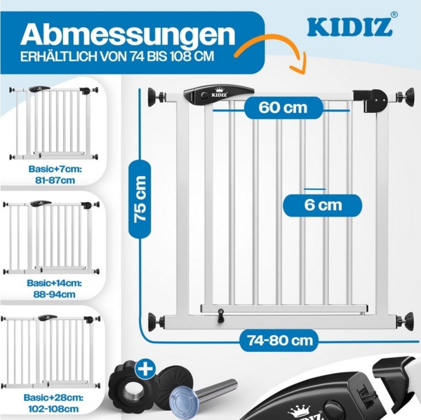 KIDIZ® Schutzgitter für Treppen | Tür, Auto Close Kindertreppengitter ohne Bohren | 90° Stop, Absperr Türschutzgitter, schwenkbare Trennwand, Treppenschutzgitter, Klemmen Weiß / Schwarz BASISTEIL