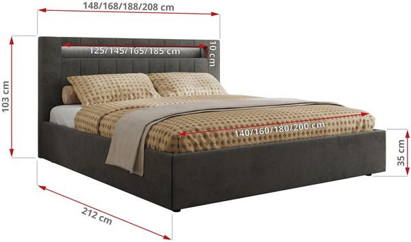 Polsterbett GOLD 5 CLASSIC 180 x 200 cm mit LED-Beleuchtung & Bettkasten, Doppelbett inkl. Lattenrost, Metall-Lift-System & Stauraum, Foam Matratze - Dunkelgrau Velvet - MIRO LUX Bild 4