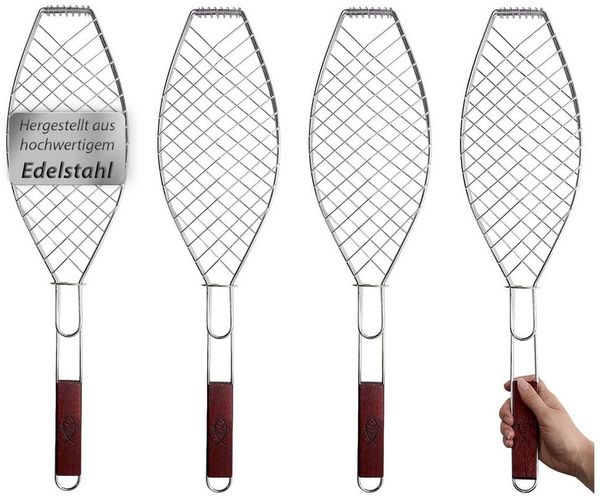VonBueren Grillbesteck-Set Fisch-Grillhalter 4er Set Edelstahl Holzgriff 63x16cm Grillkorb, (4 tlg), Edelstahl mit Holzgriff, Gitterform zum Wenden