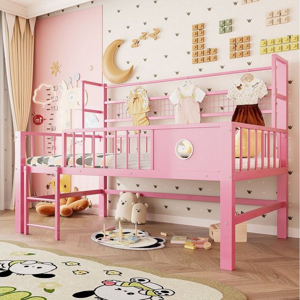Flieks Kinderbett, Niedriges Hochbett Metallbett 90×200cm mit Netzregal Kleiderstange
