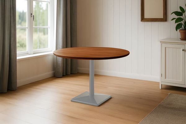 Bistrotisch Schweizer Kante massiv Akazie nussbaumfarben 110 cm Säulengestell-eckig silber BRASILIA 173748784