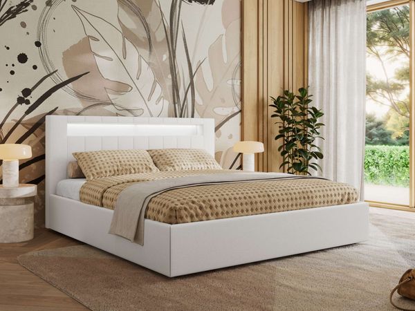Polsterbett GOLD 5 CLASSIC 200 x 200 cm mit LED-Beleuchtung & Bettkasten, Doppelbett inkl. Lattenrost, Metall-Lift-System & Stauraum, Foam Matratze - Weiß Kunstleder - MIRO LUX