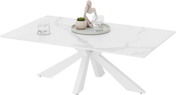 NOAH Couchtisch in Marmor Optik, Weiß - Moderner Sofatisch mit Keramikplatte und Metallgestell - 110 x 40 x 70 cm (B/H/T)