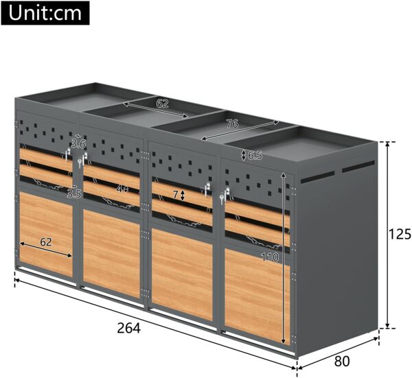 Merax Mülltonnenbox 4er mit Pflanzdach, 120-240 L, Anthrazit Tür in Holzoptik Bild 4