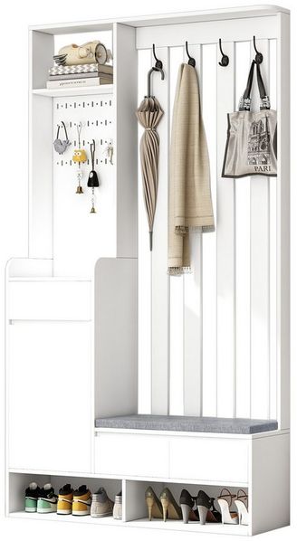 Refined Living Garderoben-Set Flurgarderobe mit gepolsterter Aufbewahrungsbank, Flur-Schuhschrank, (H180/B100/T35 cm, Schuhschrank, moderne Garderobe mit 4 Haken, multifunktionaler Flur-Schuhschrank mit Stecktafel, 1-St, Vielseitiges 6-in-1-Design), fü...
