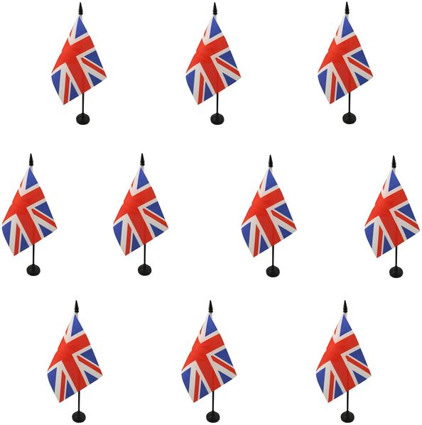 AZ FLAG 10 Stück Tischflagge Großbritanniens – 15x10 cm – 10 Mini-Flaggen für Großbritannien – für Büro, 100% Polyester, mit 25 cm Fahne und Sockel aus schwarzem Kunststoff