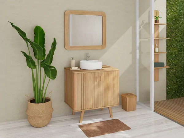 Vente-unique - WAMENA Waschbeckenmöbel Holz, Platte Beige - B 55 cm x H 80 cm x L 80 cm