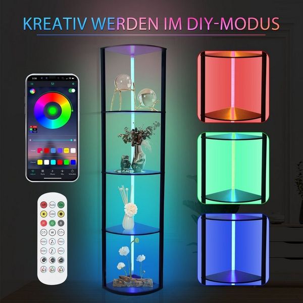 XERSEK Eckregal LED Standregal Bücherregal Vitrine Dimmbar mit APP & Fernbedienung, Metallrahmen Regal 4-6 Ablagen, Für Wohnzimmer / Schlafzimmer / Flur / Büro