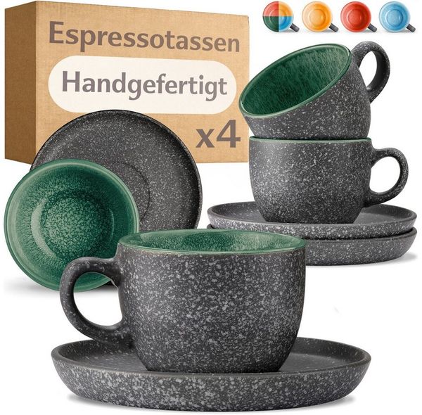 Cosumy Cappuccinotasse Espressotassen mit Untertassen 4er Set - 90 ml Keramik Grün, 8-tlg, Keramik, Warm