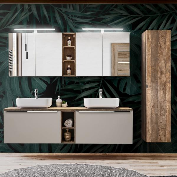 Badmöbel Set in taupe mit Vintage Eiche PUEBLA-56-TAUPE Doppel-Waschtisch mit 2 Keramik-Waschbecken, 2 LED-Spiegelschränke & 1 Hochschrank, B/H/T 225/200/46 cm