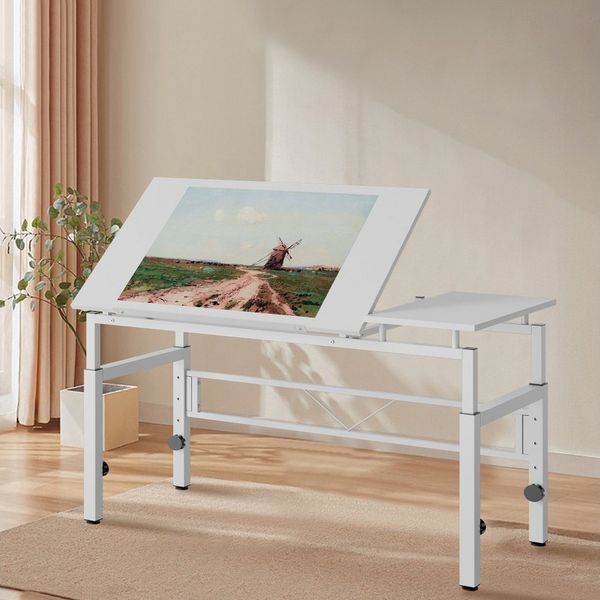BBWL Zeichentisch höhenverstellbar neigbar Schreibtisch MDF Metall stabil Weiß, Zeichentisch für Büro Studium Atelier multifunktional