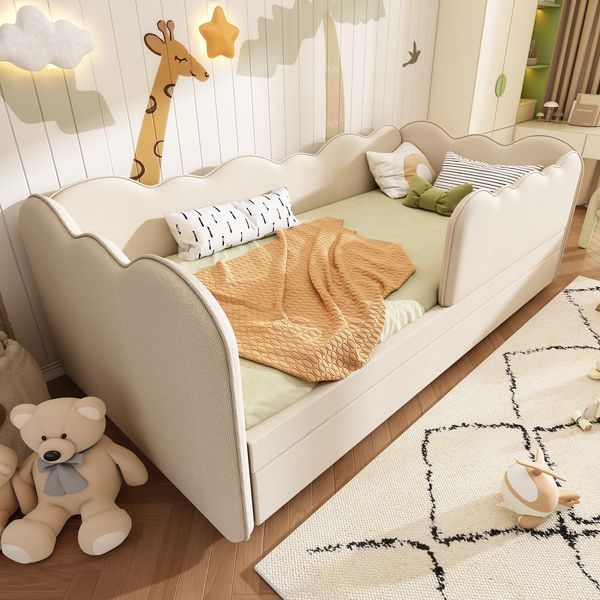 Polsterbett 90×190 cm aus Leinen-Stoff mit Ausziehbett, beige