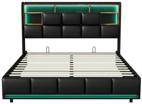 Gdood Polsterbett LED Doppelbett Stauraumbett (Hydraulisch hebbarer Stauraum), Mit LED-Beleuchtung, Ladestation, Kunstleder, 160x200 cm