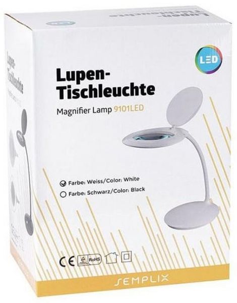 Semplix LED Lupen-Tischlampe weiß (Linse 127 mm/ dimmbar/ Tischstandfuß)