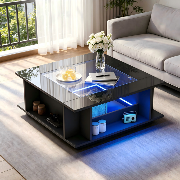 Merax Couchtisch 70x70x30 cm, Quadratischer Kaffeetisch in Schwarz mit Glasplatte, Hochglanzoberfläche & LED-Beleuchtung, Beistelltisch, Sofatisch