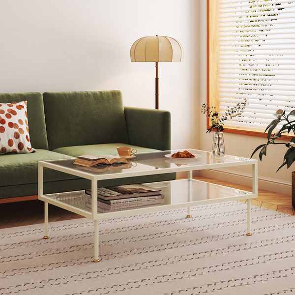 Couchtisch Lindau Stahl mit Glasplatte 100x50x46 cm Cremeweiß [en. casa]