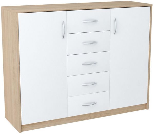 Home Collective Kommode mit 5 Schubladen und 2 Türen in matter Ausführung, Kommode 110cm breit (mit hochwertigen Polymergriffen, aus laminierter Platte gefertigt, Metallrollen mit Auszugsstopp), Holz Schrank Sideboard Highboard Kommode mit Schubladen s...