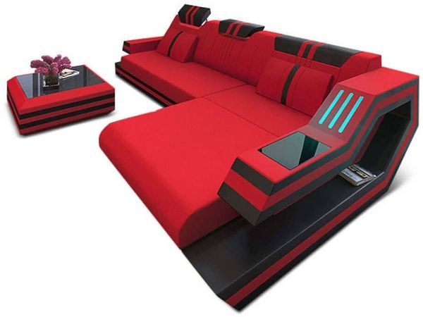 Stoff Ecksofa Ravenna L Form - Mikrofaserstoff - rot-schwarz - Rechts