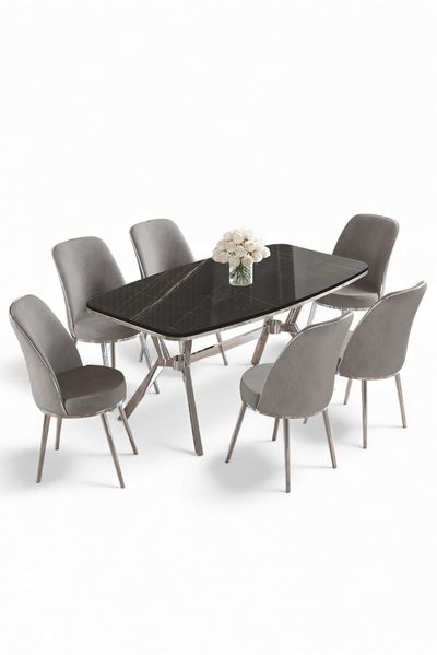 Modernes 7-teiliges Esszimmer-Set mit Tisch und Stühlen, Schwarzer Marmor & Chrom, 160x90 cm | 100% lackierte Platte, stilvoll und langlebig