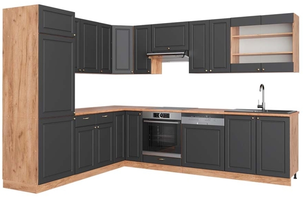 Eckküche Fame-Line Anthrazit Landhaus/Goldkraft Eiche 227 x 60 cm , AP Eiche Vicco