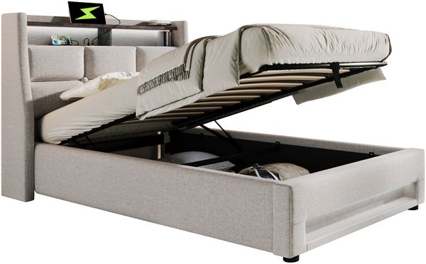 Polsterbett 90x200 cm Einzelbett mit LED-Beleuchtung, USB-Ladestation, Lattenrost und Stauraum, Leinen, Beige
