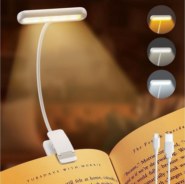 Lapalife LED Leselampe Akku Buchlampe Breites Licht, Klemmlampe mit 3 Farben & 10 Helligkeit, LED fest integriert, USB Aufladbar, Schwanenhals, Augenschonendes, für Nachtlesen ins Bett