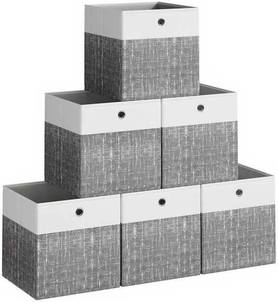SONGMICS Aufbewahrungskörbe, 6er Set, faltbare Stoffboxen mit PP-Platten, für Regal, 33 x 33 x 33 cm, weiß-grau