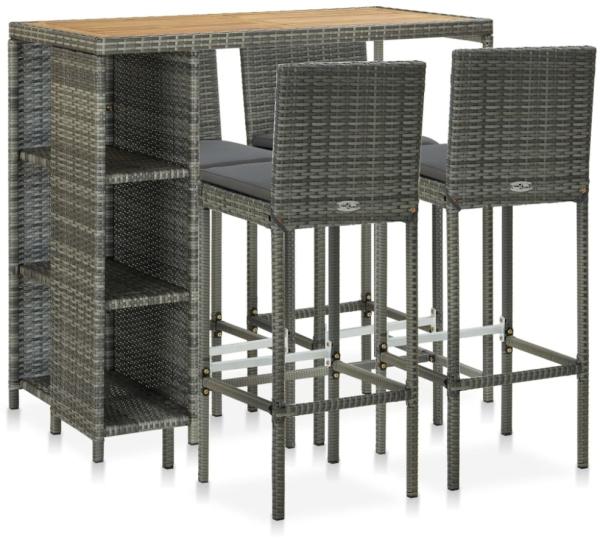 vidaXL 5-tlg. Gartenbar-Set mit Kissen Poly Rattan Grau 3064921
