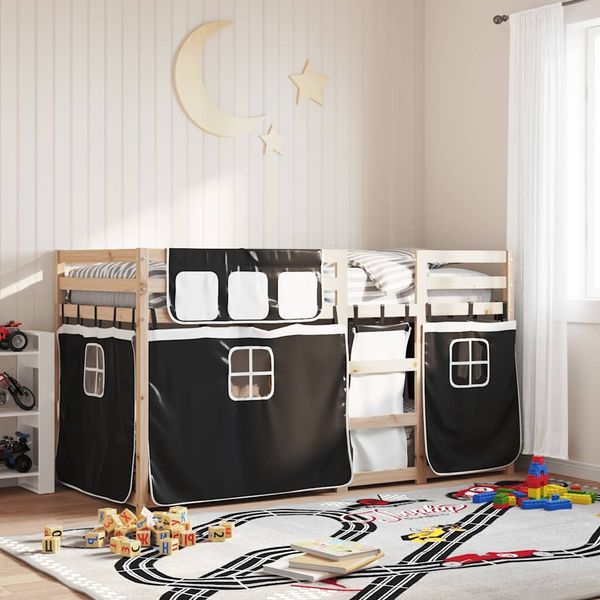 vidaXL Etagenbett mit Vorhängen Weiß Schwarz 90x200 cm Kiefernholz 3283892