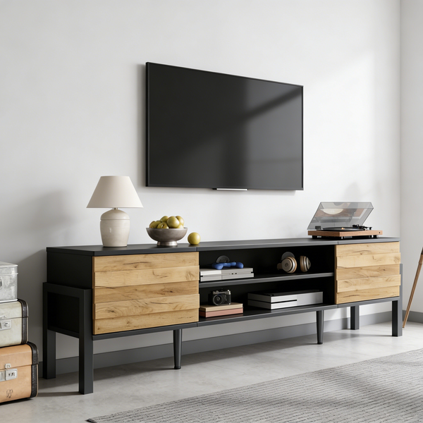 TV-Schrank 175 x 39,5 x 53 cm aus Spanplatte, mit 2 Türen, offenen Fächern und verstellbaren Einlegeböden
