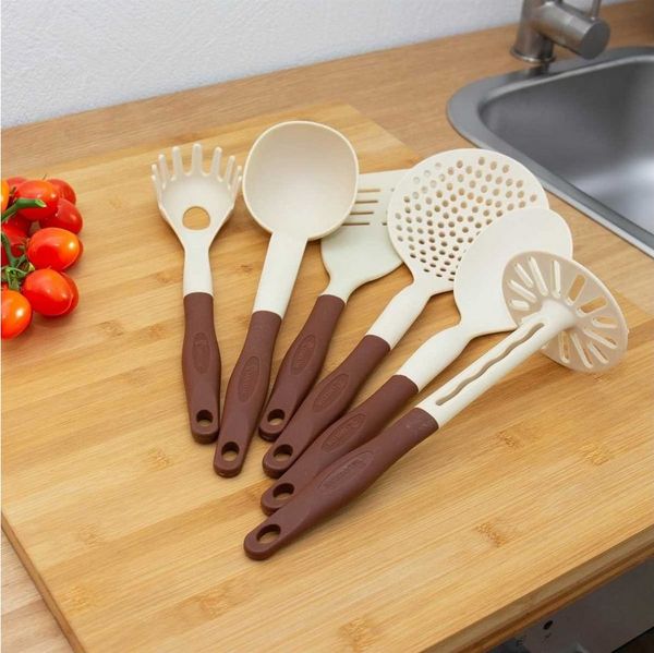 Lantelme Kochbesteck-Set Kochbesteck braun-beige (7-tlg), Küchenhelfer mit Hakenleiste