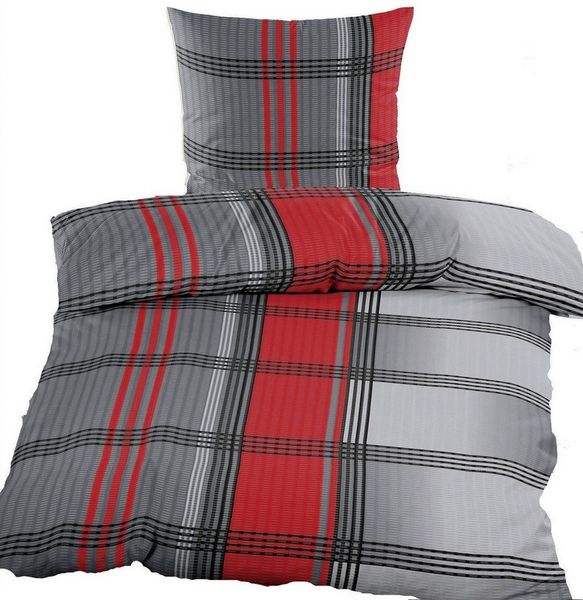 KH-Haushaltshandel Bettwäsche Seersucker Bettwäsche 135x200 +80x80cm, rot grau schwarz, Seersucker, 2 teilig, bügelfrei, kariert mit Streifen