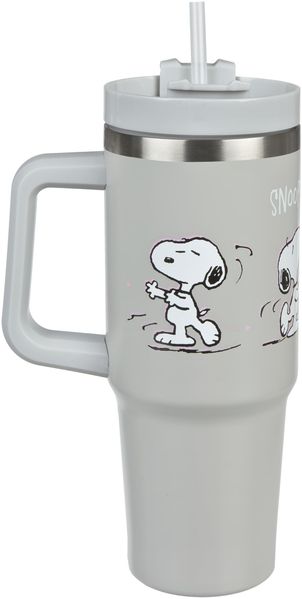 Undercover - Peanuts Snoopy Isolierbecher mit Strohhalm - 880ml Fassungsvermögen - Edelstahl Trinkbecher mit Handgriff - BPA frei, Grau