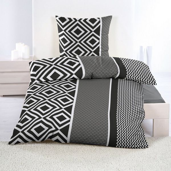 Casa Colori Bettwäsche Biber 135x200 cm mit Reißverschluss 100% Baumwolle, Biber, 2 teilig, Schwarz Weiß mit geometrischen Muster