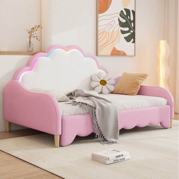 Flieks Polsterbett, LED Schlafsofa Sofabett Doppelbett 140x200cm/140x100cm mit Matratze Bild 3