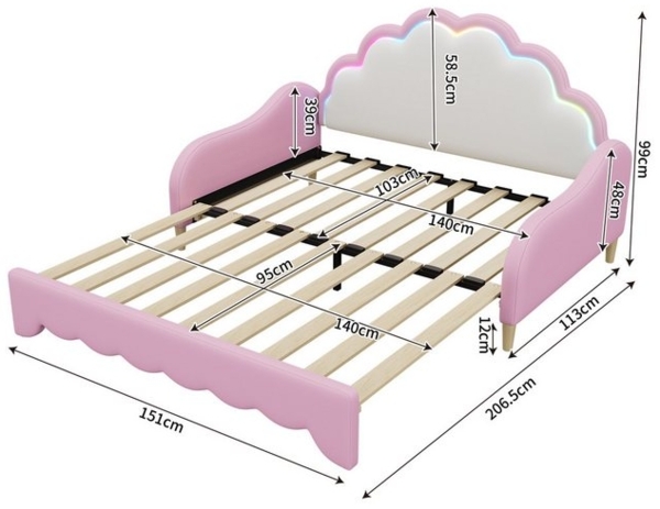 Flieks Polsterbett, LED Schlafsofa Sofabett Doppelbett 140x200cm/140x100cm mit Matratze Bild 4